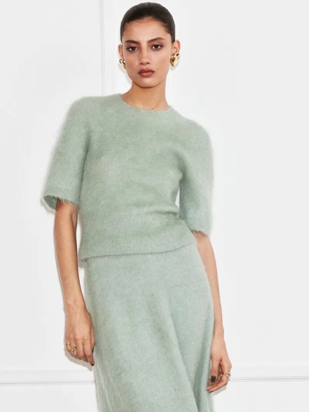 & Other Stories Mohair-Blend Short-Sleeve Crewneck Sweater in Sage Green